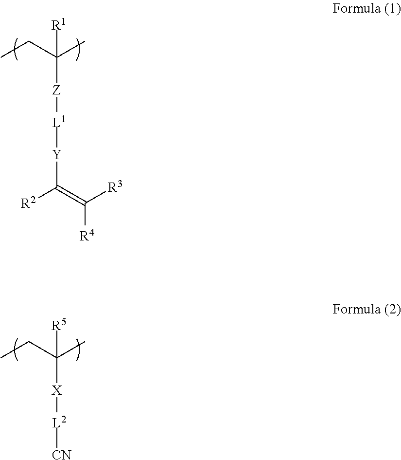 Metal-film-coated material and process for producing the same, metallic-pattern-bearing material and process for producing the same, composition for polymer layer formation, nitrile group-containing polymer and method of synthesizing the same, composition containing nitrile group-containing polymer, and laminate