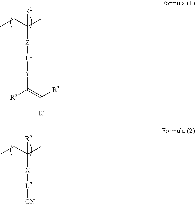 Metal-film-coated material and process for producing the same, metallic-pattern-bearing material and process for producing the same, composition for polymer layer formation, nitrile group-containing polymer and method of synthesizing the same, composition containing nitrile group-containing polymer, and laminate