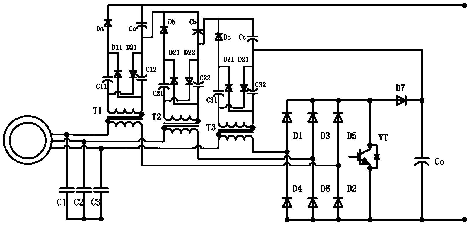 Three-phase flyback voltage-multiplying single-switch rectifying circuit for small-scale wind power generation