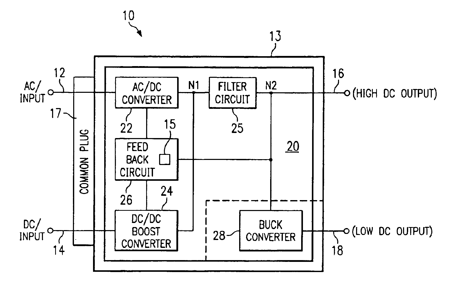Dual input AC and DC power supply having a programmable DC output utilizing a modular programmable feedback loop