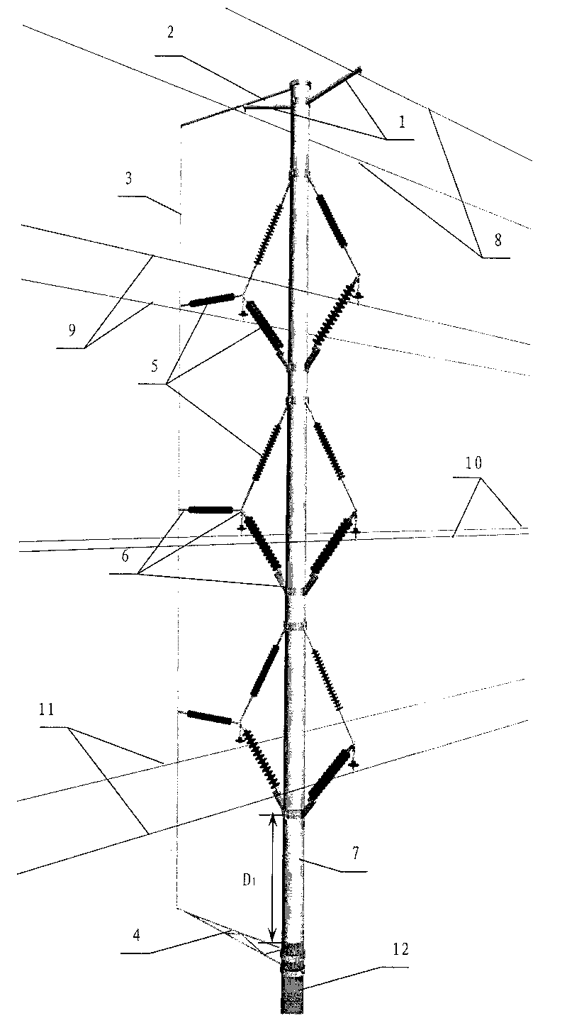 Vertically grounding down-leading method for external side of composite material tower and tower thereof