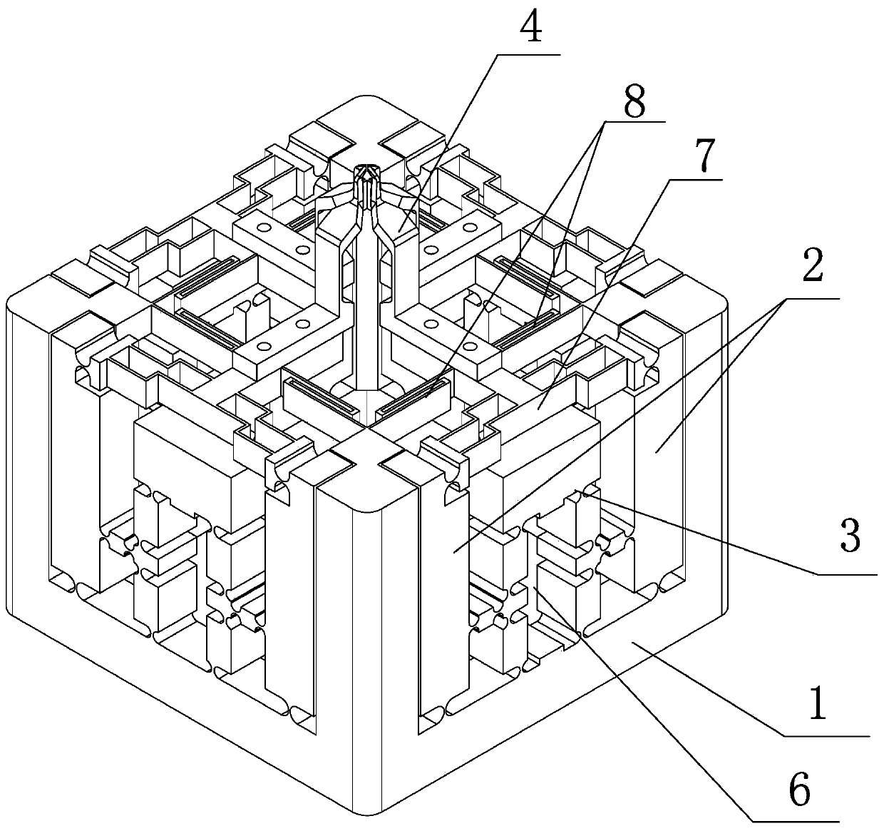 Symmetric spatial three-dimensional micro manipulator with three-stage motion amplifying mechanism