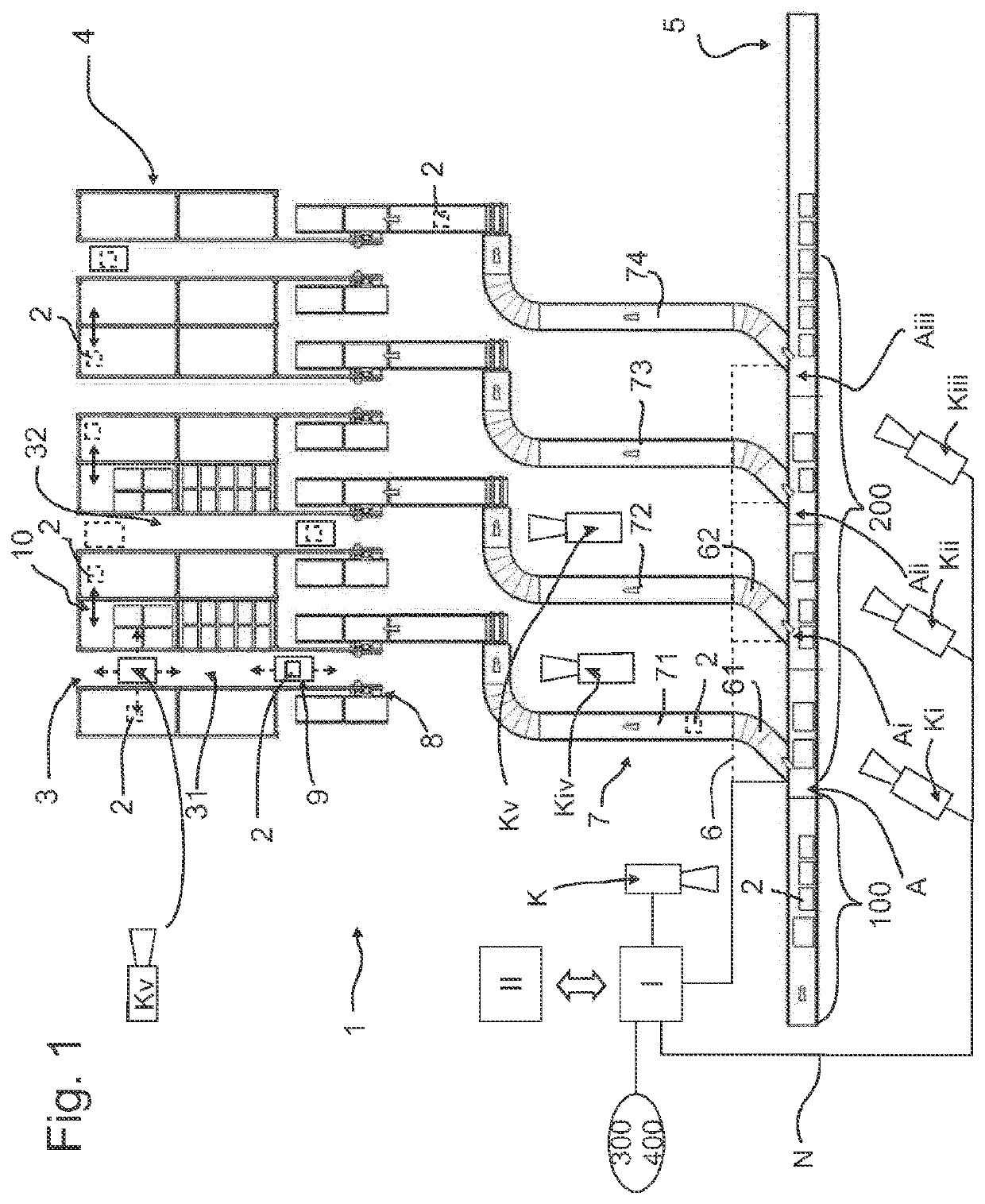 Method and system for controlling the material flow of objects in a conveyor system of a real warehouse