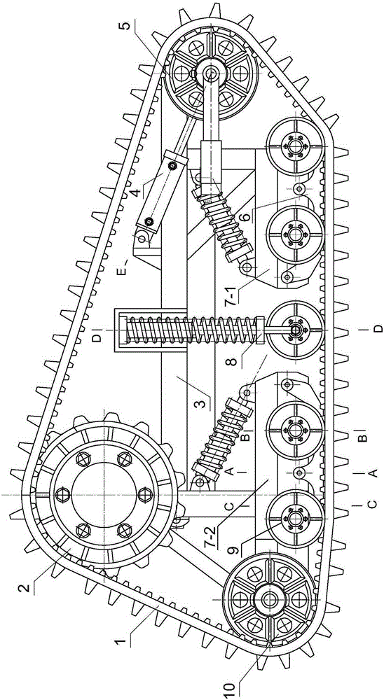 A crawler support deformation device for a crawler-type farmland operation vehicle