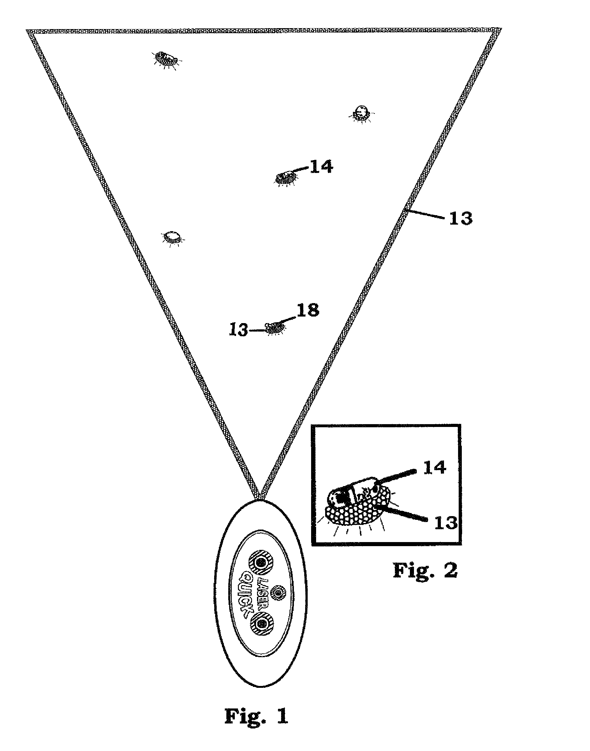 Projected scanning laser device and method for locating small objects