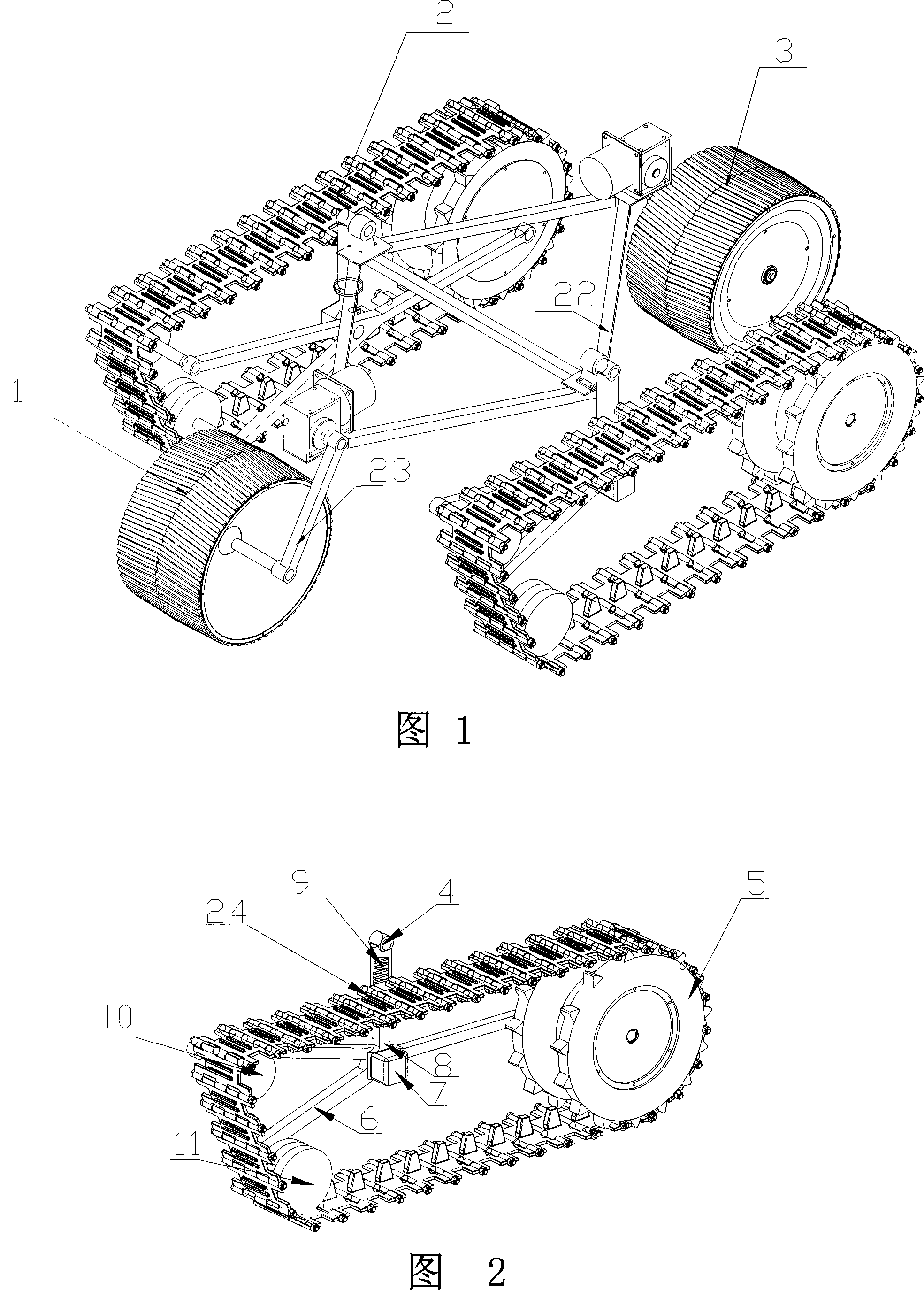Track and wheeled combination swing arm type diamond-type walking device