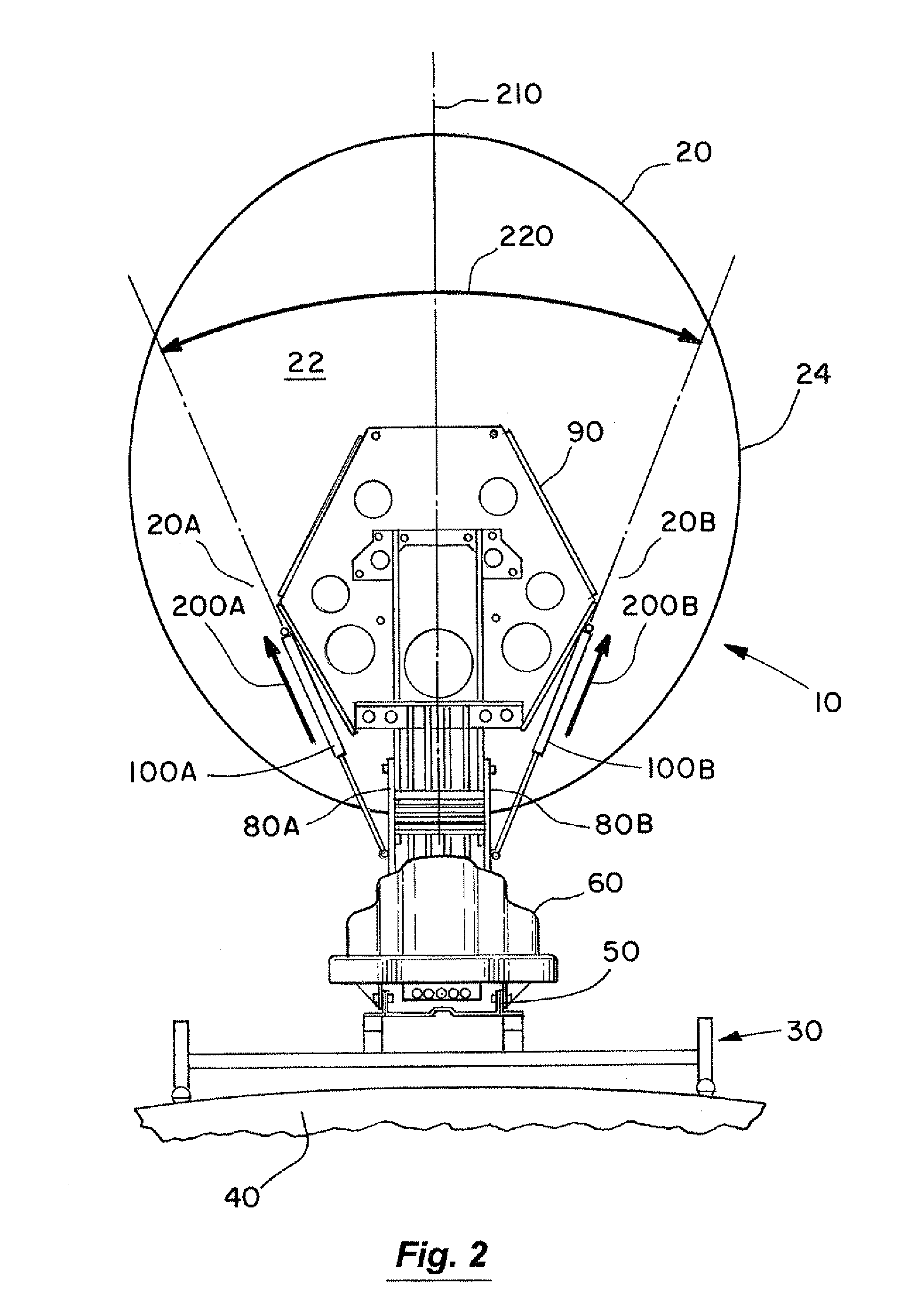 Stabilizing mechanism for a deployed reflector antenna in a mobile satellite antenna system and method