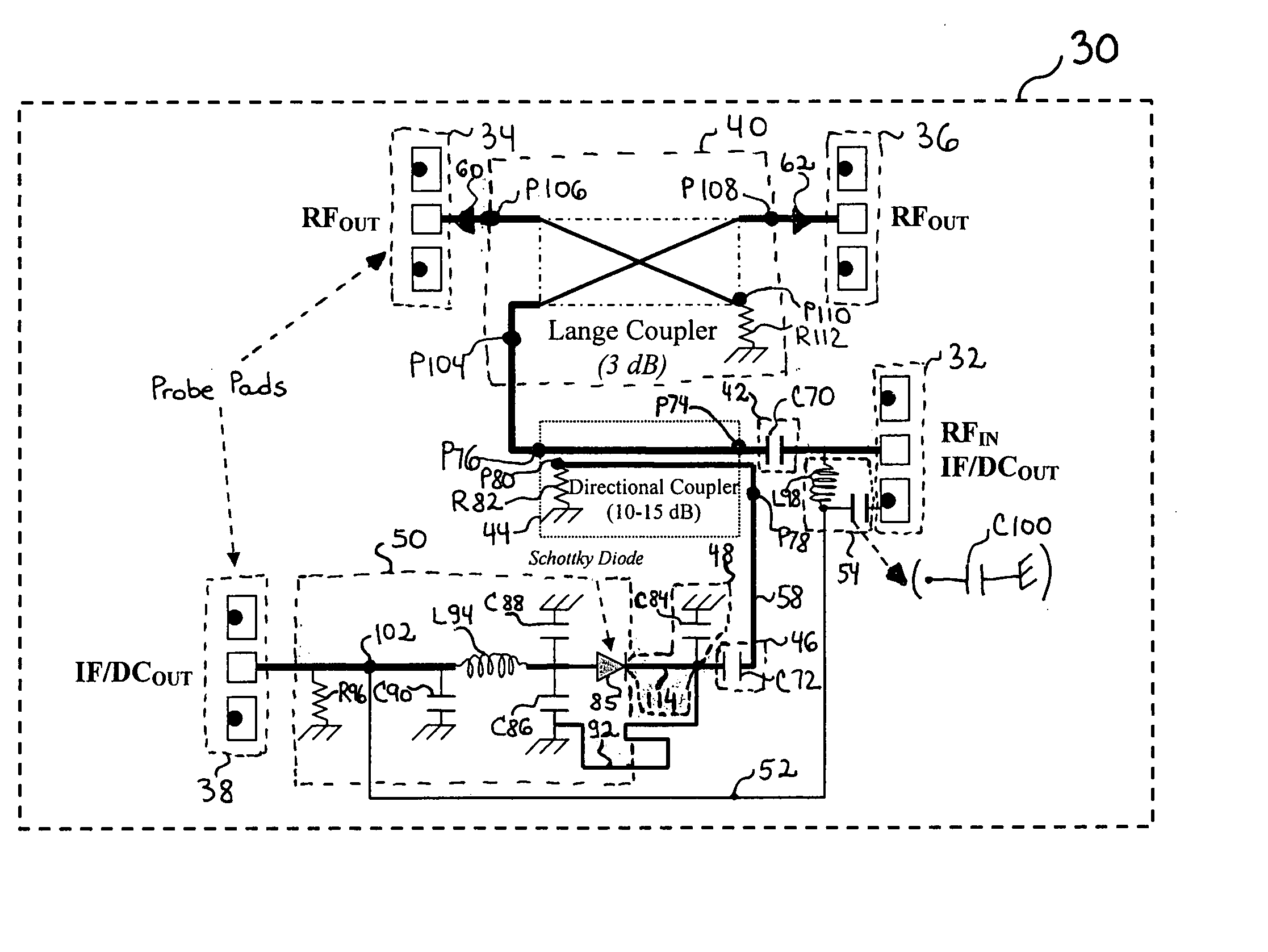 Monolithic microwave integrated circuit providing power dividing and power monitoring functionality