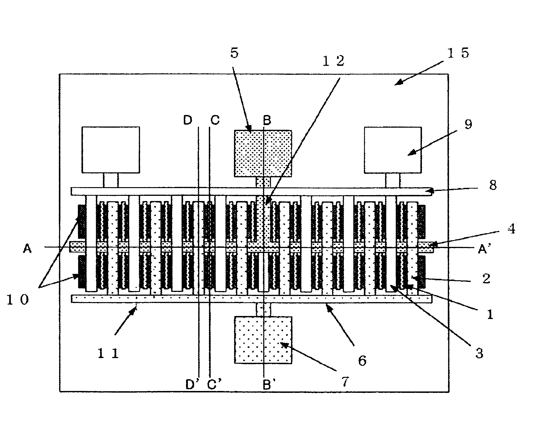 Semiconductor device having divided active regions with comb-teeth electrodes thereon