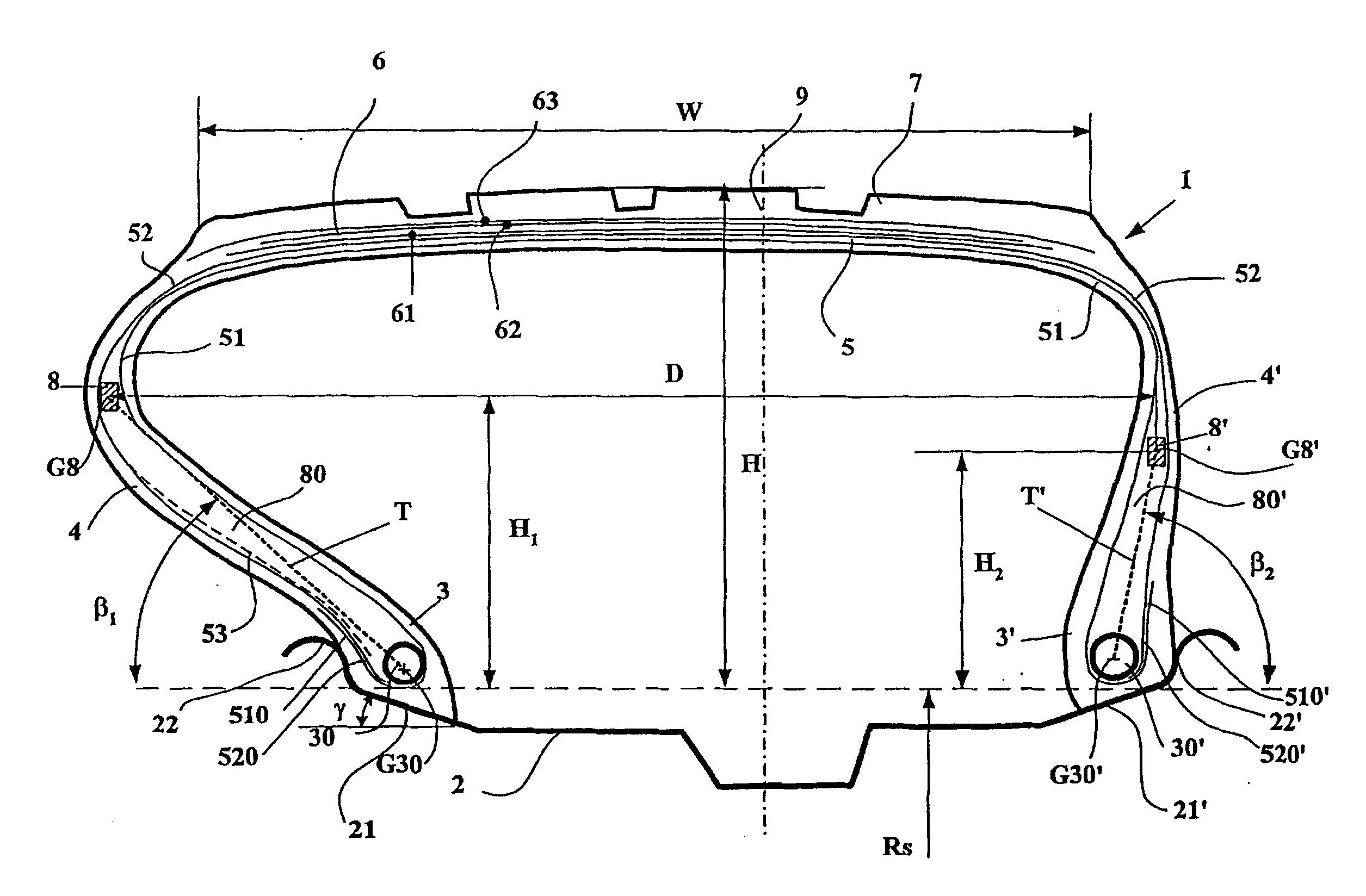 Tyre with non symmetrical reinforced sidewalls