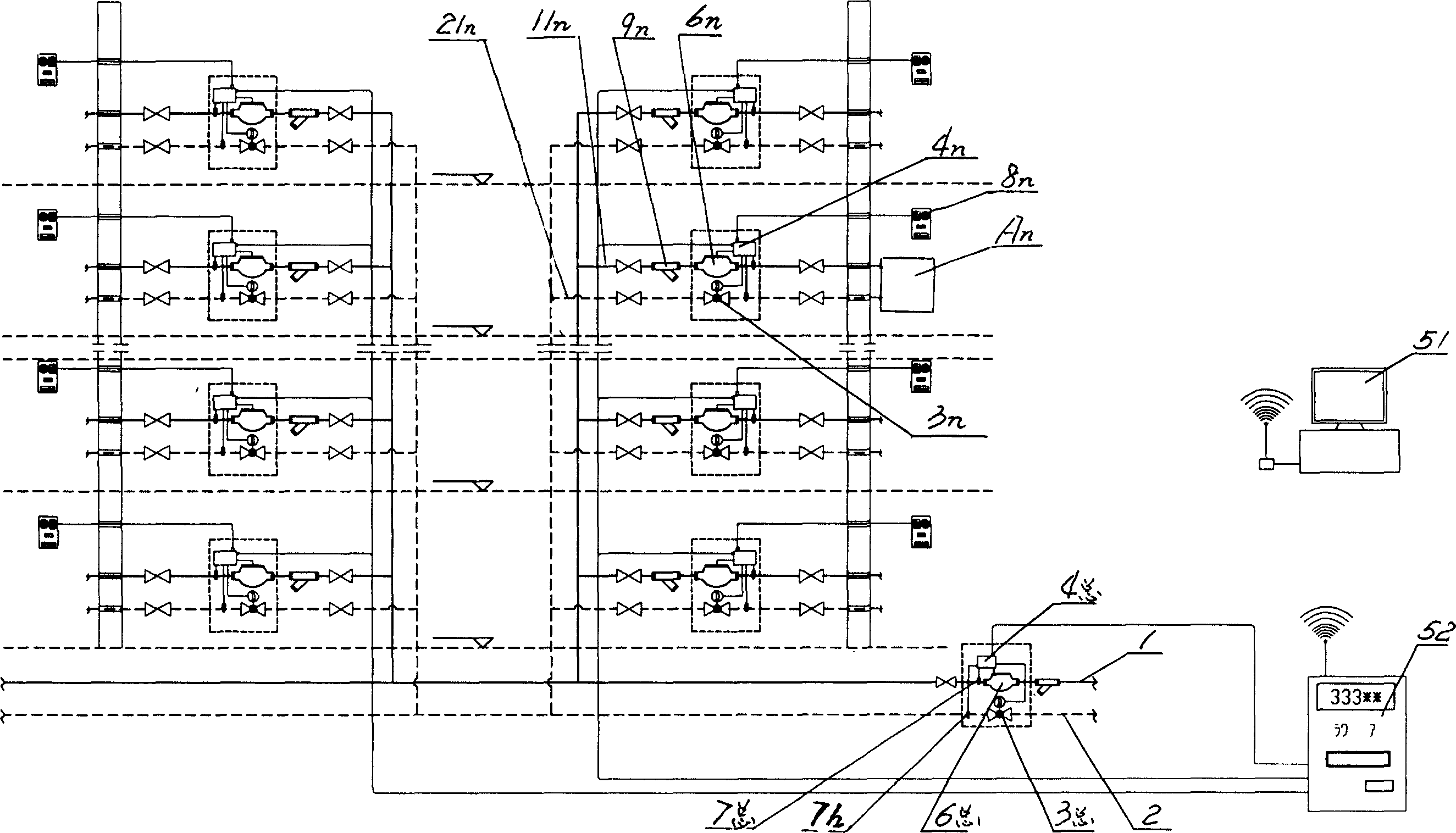 Double-pipe heat distribution metering management network system for central heating and its charging method