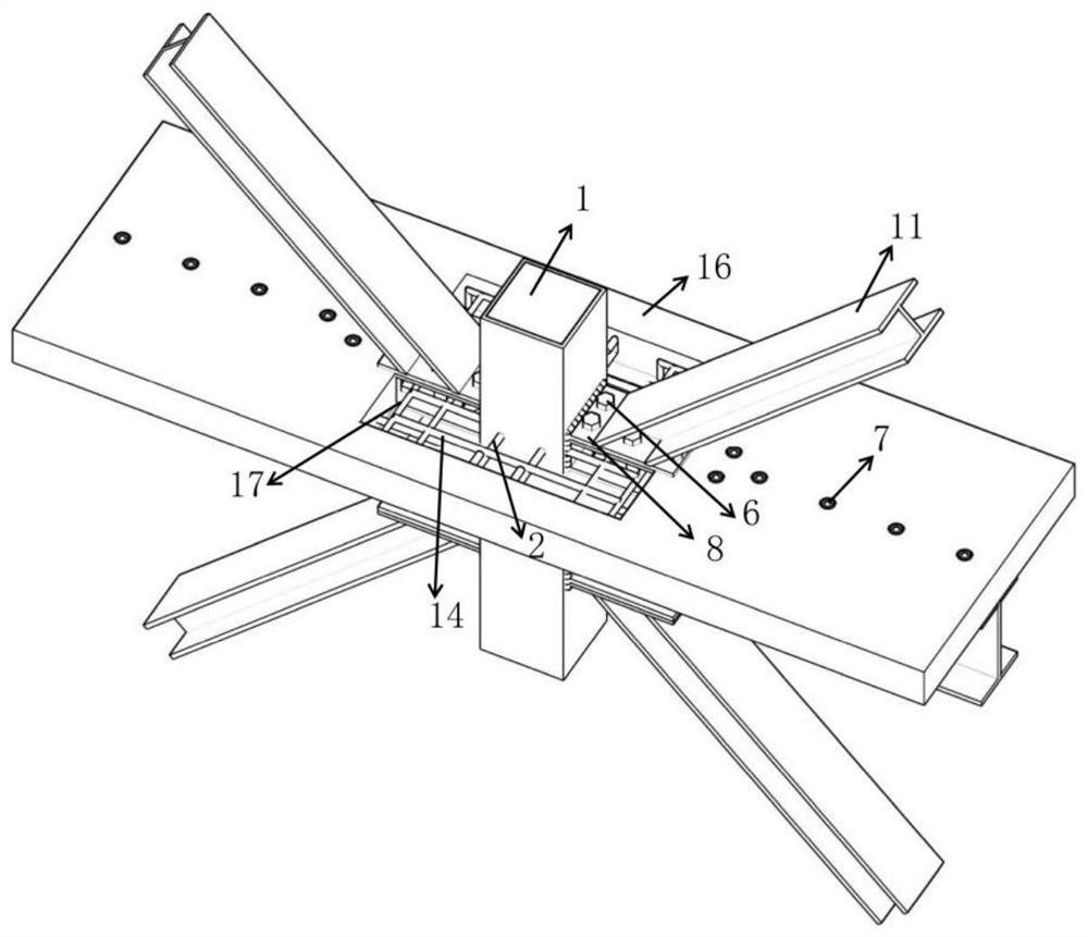 Concrete filled steel tube column-H-shaped steel beam-steel support-pi-shaped connecting piece combined type middle column middle joint and manufacturing method