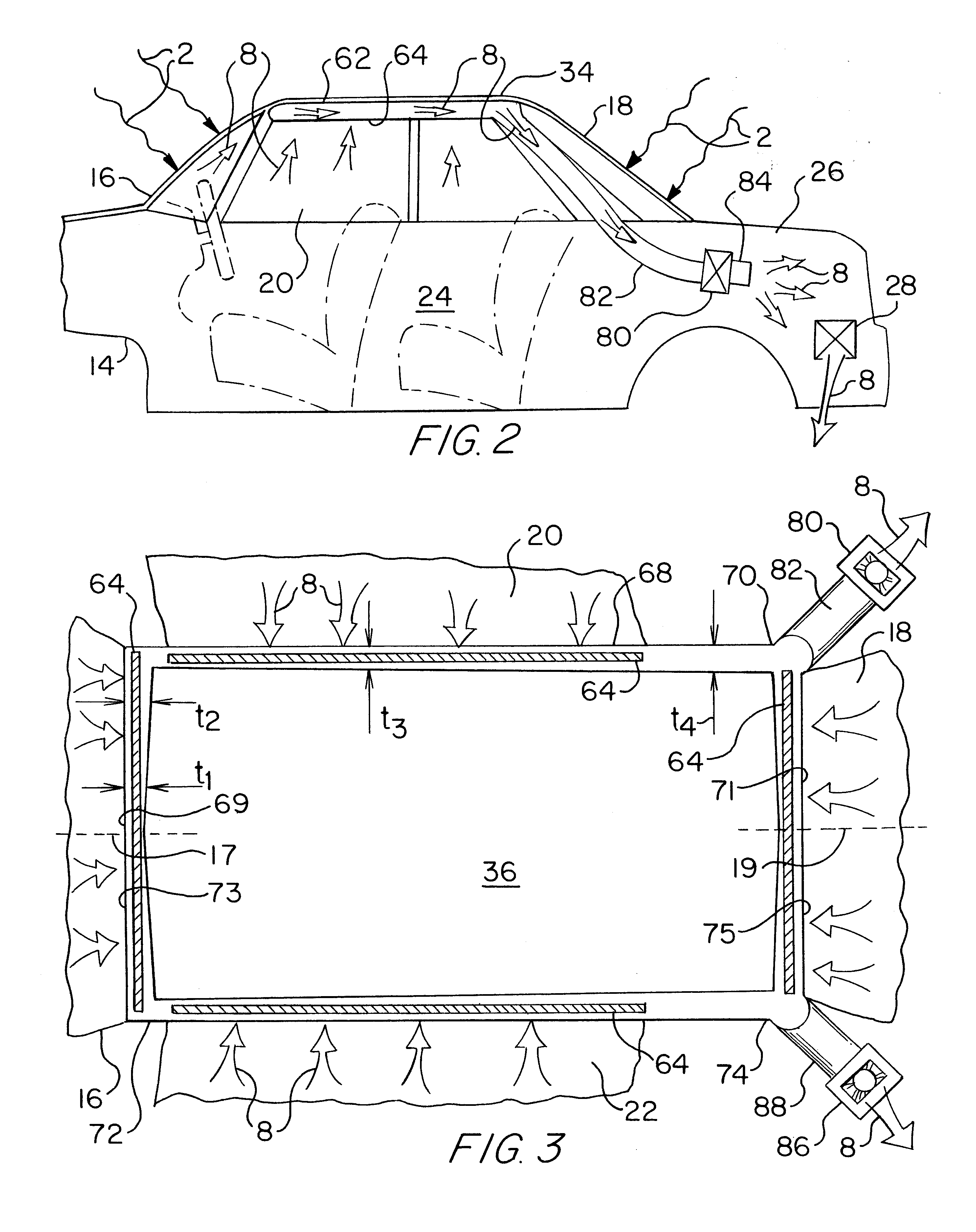Vehicle cabin cooling system for capturing and exhausting heated boundary layer air from inner surfaces of solar heated windows