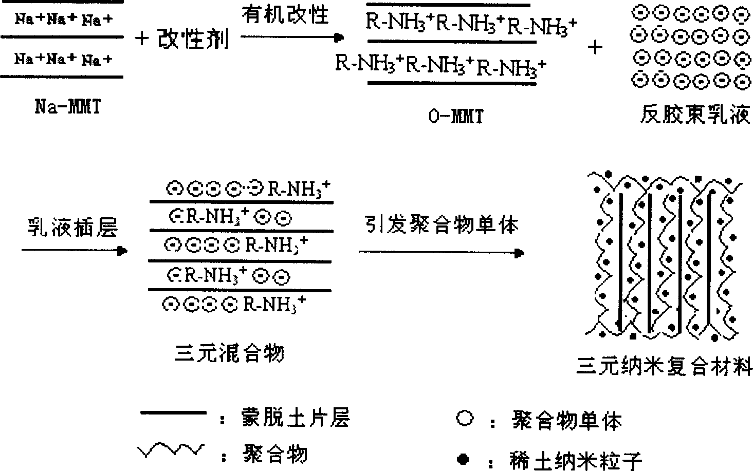 Montmorillonite/rare-earth particle/polymer ternary nano composite material and its preparing method