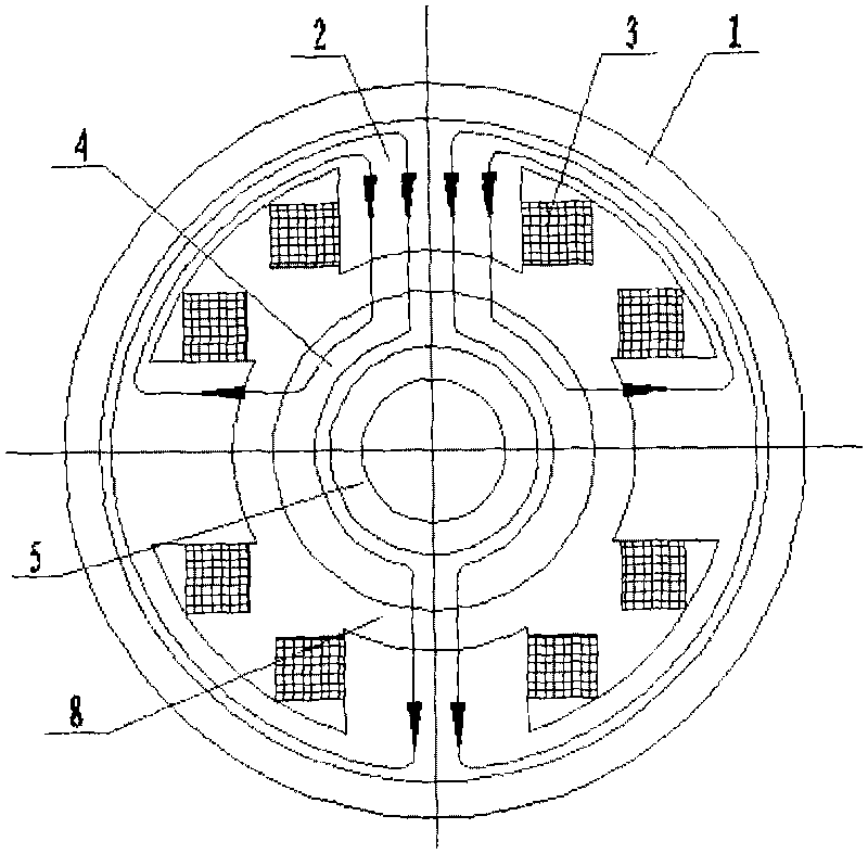 Radial magnetic bearing of low-power consumption inner rotor of permanent-magnetic up-attracting and down-repelling structure