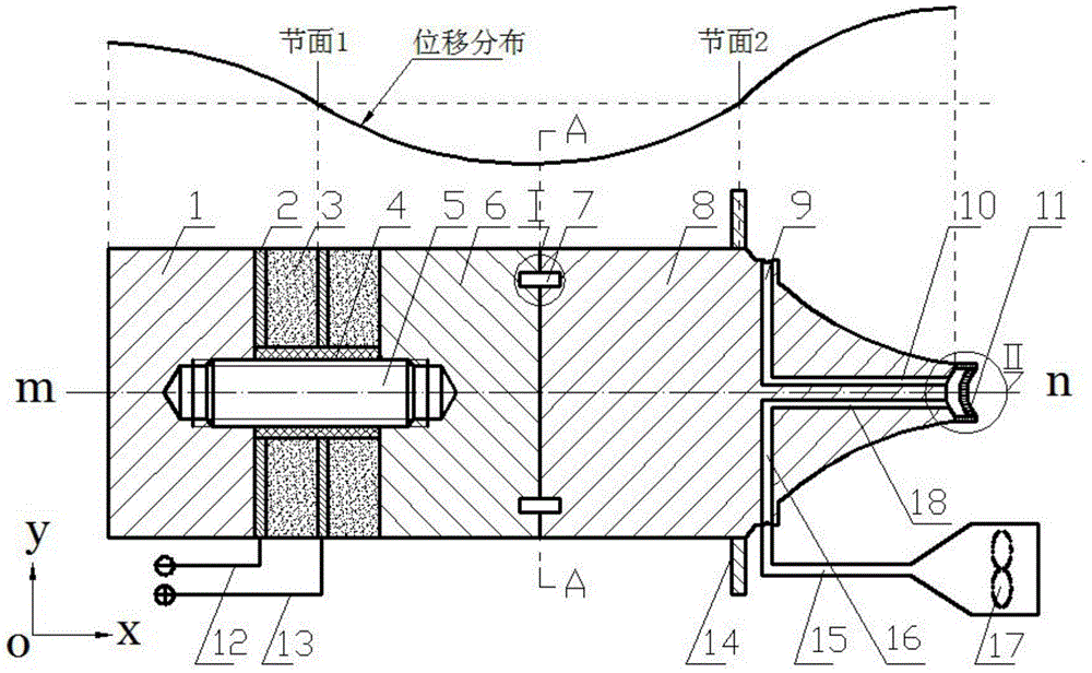 A vine-leaf linear low-frequency ultrasonic three-time atomizing nozzle