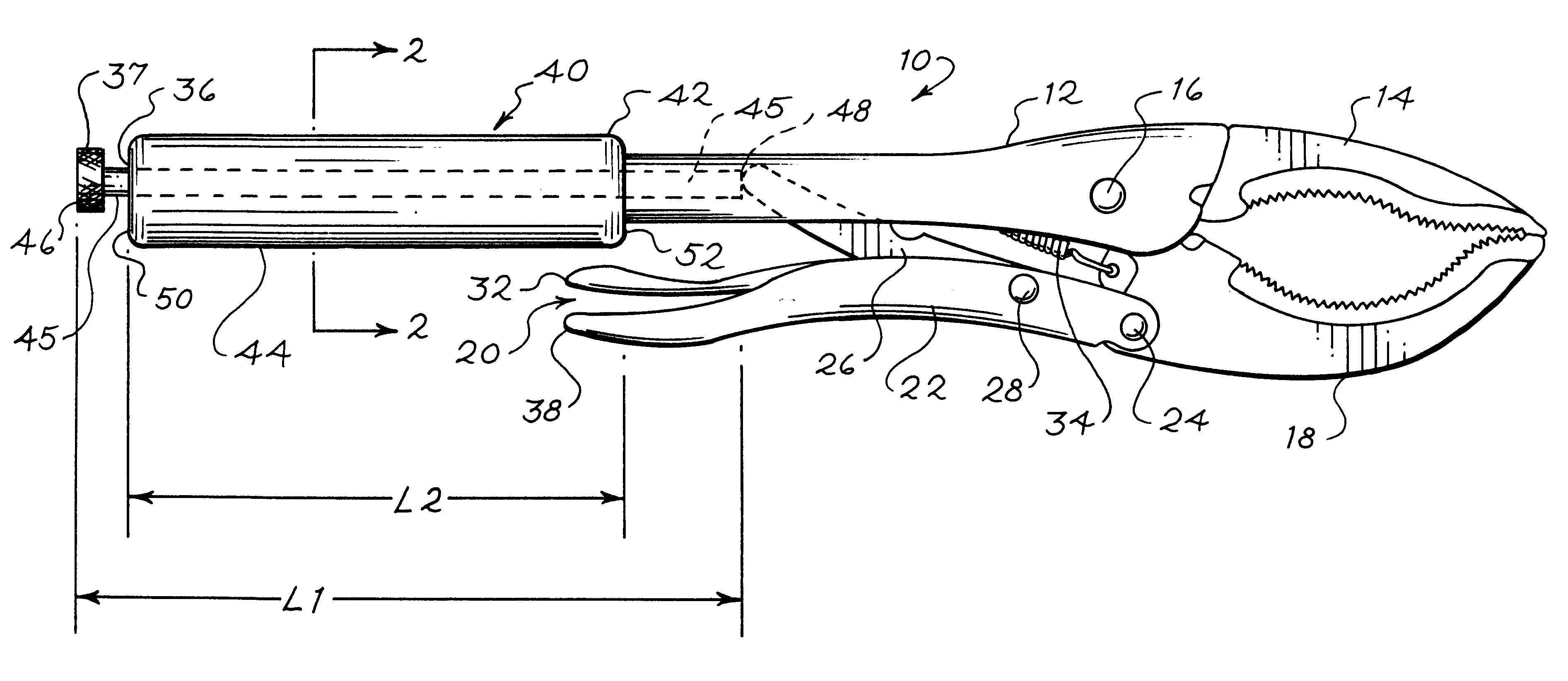 Locking pliers with extended grip