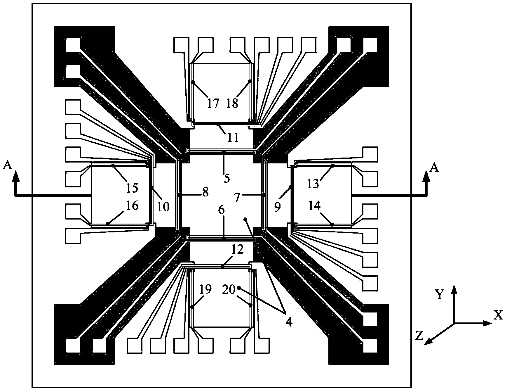 MEMS three-axis gyroscope based on thermal expansion flow and machining method thereof