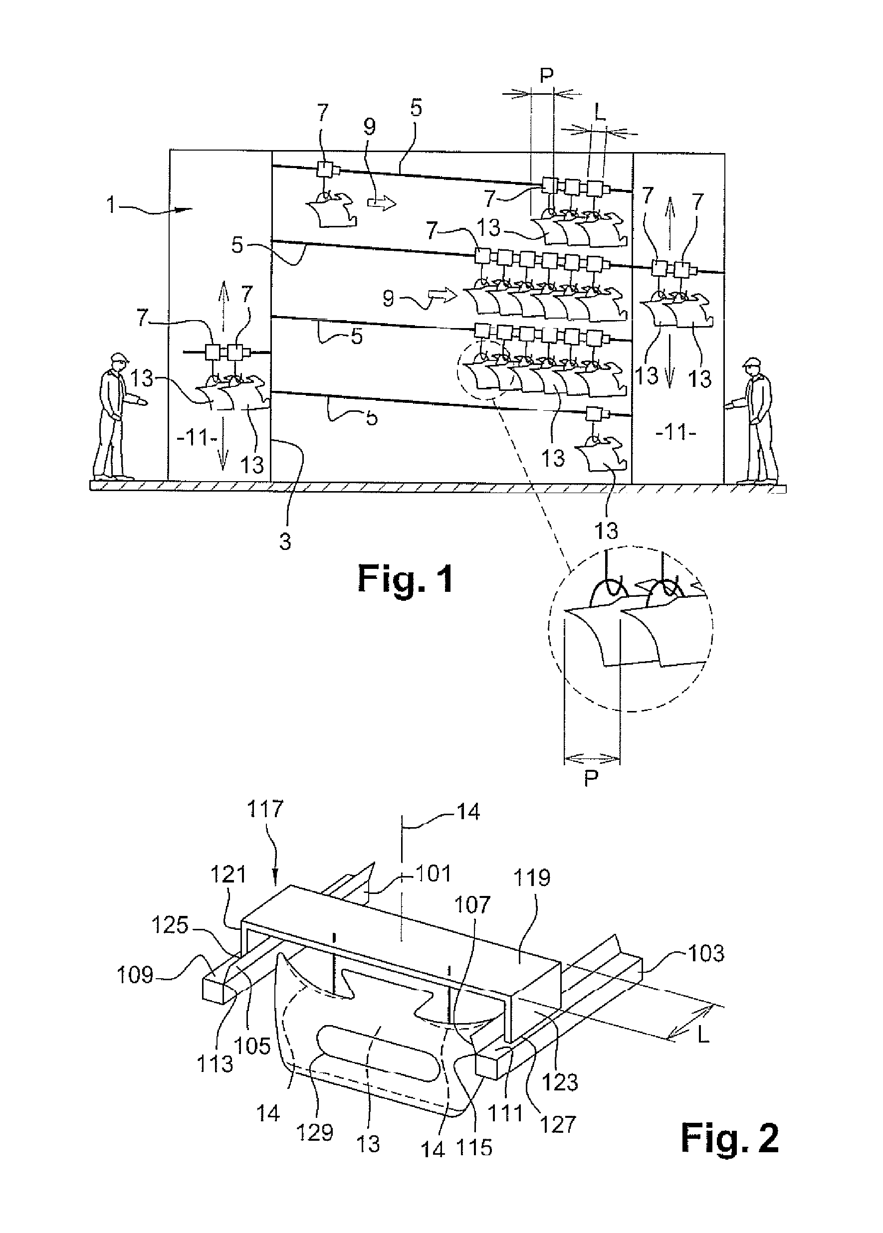 Static temporary storage device for motor vehicle body parts