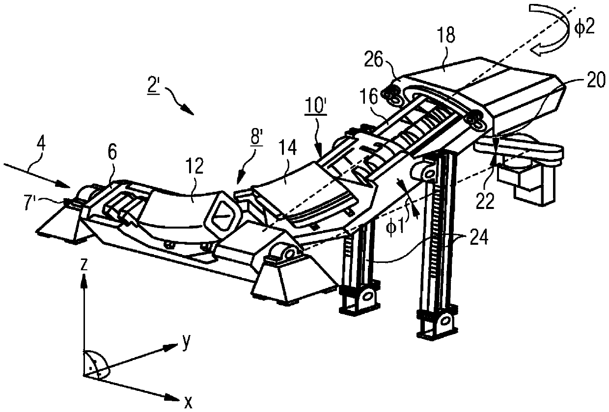 A gantry for particle therapy as an arm rotating in the longitudinal plane