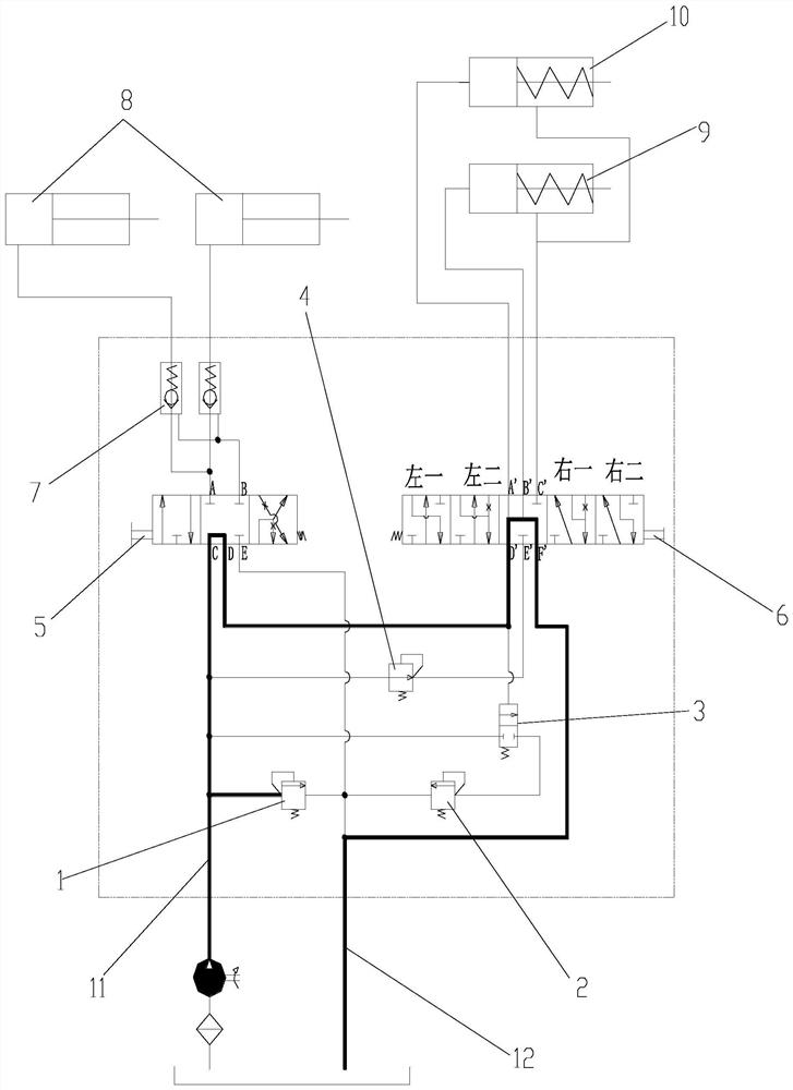 Harvester header lifting and traveling steering parallel control energy-saving valve group