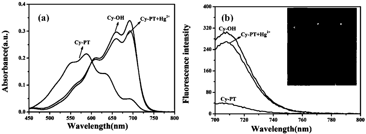 Hemicyanine-based reactive Hg&lt;2+&gt; fluorescent probe Cy-PT and preparation method and application thereof