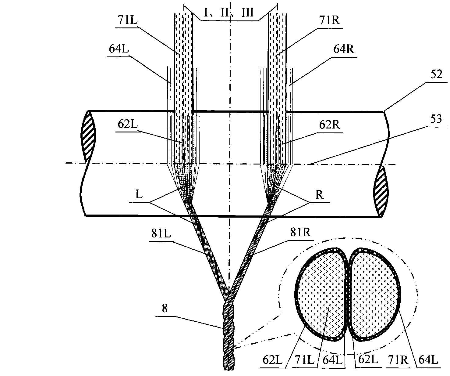 Composite yarn compounded by double yarns through using filament screens to cover downwards and support upwards, spinning method and application