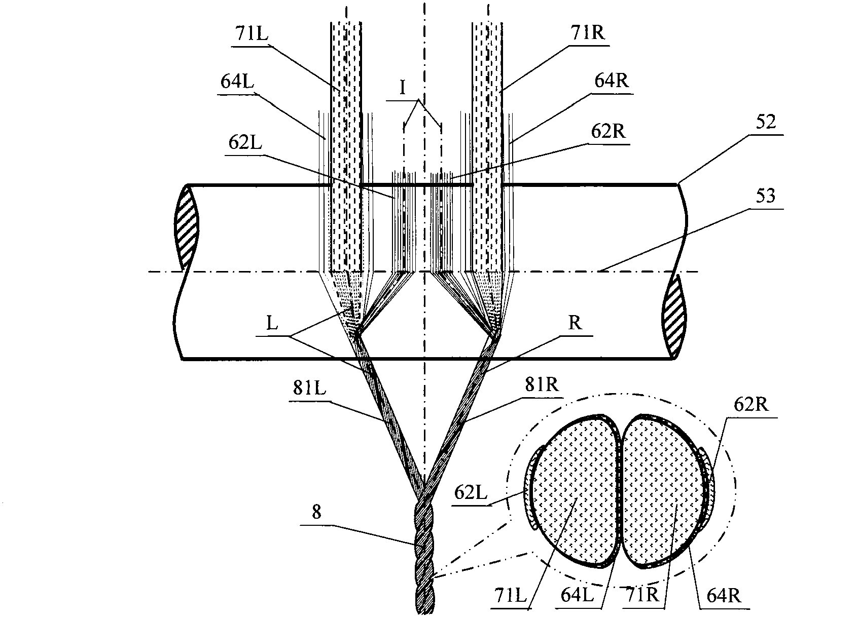 Composite yarn compounded by double yarns through using filament screens to cover downwards and support upwards, spinning method and application