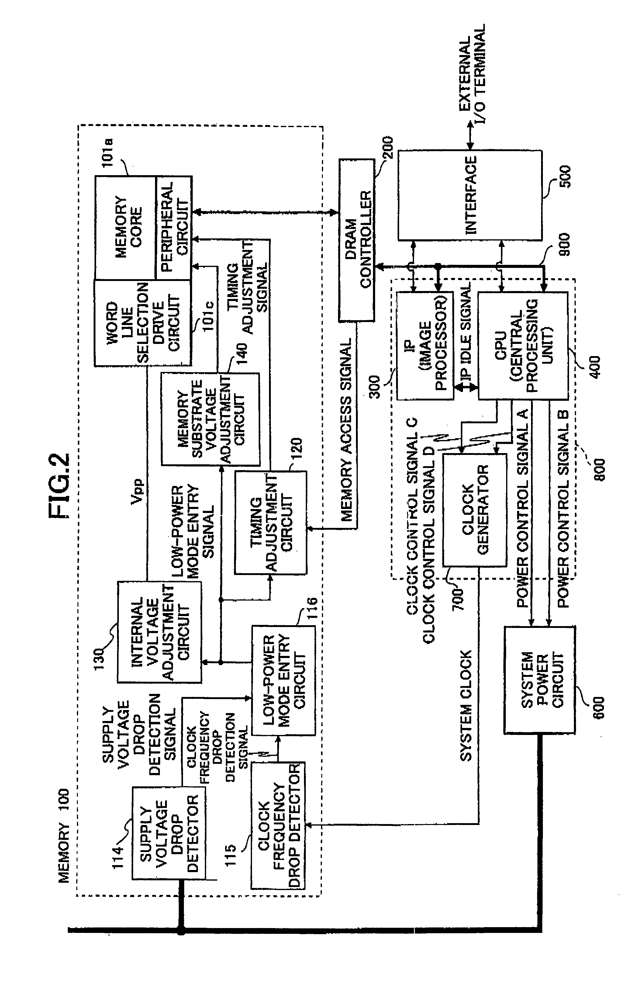 Apparatus to reduce the internal frequency of an integrated circuit by detecting a drop in the voltage and frequency