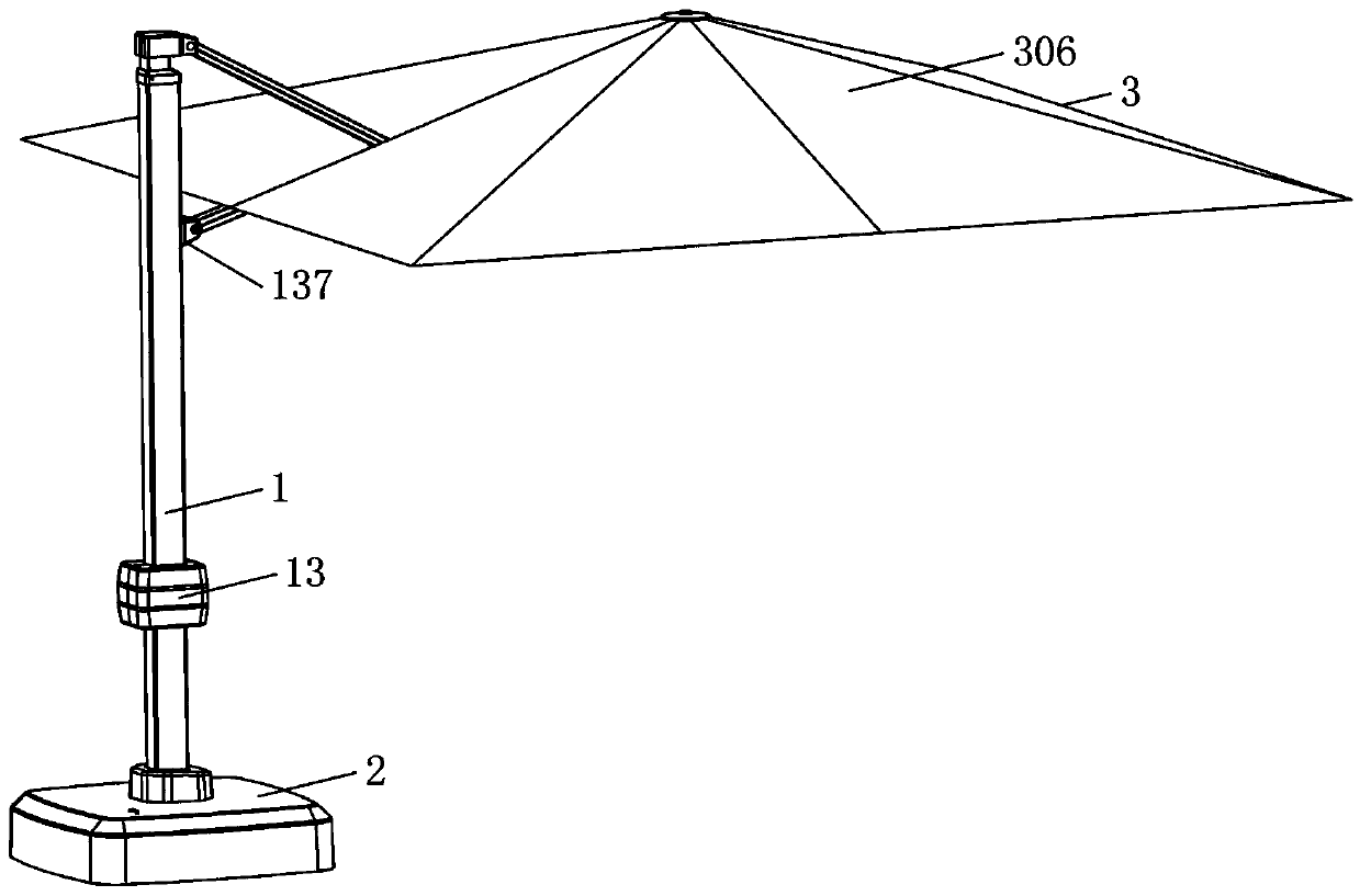 Sunshade with extending and retracting umbrella fabric structure and vertical rod component of sunshade