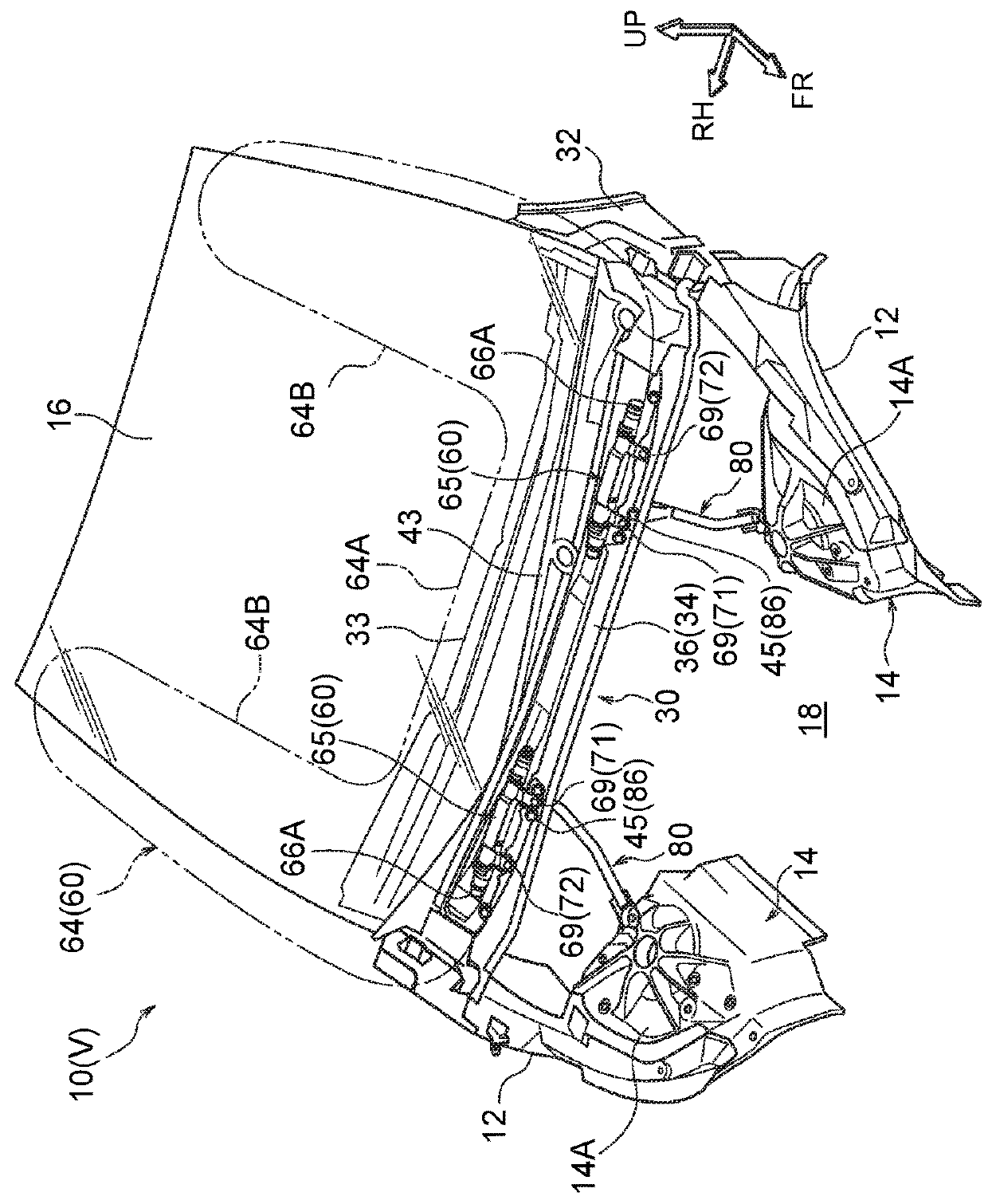 Vehicle front portion structure equipped with pedestrian airbag device