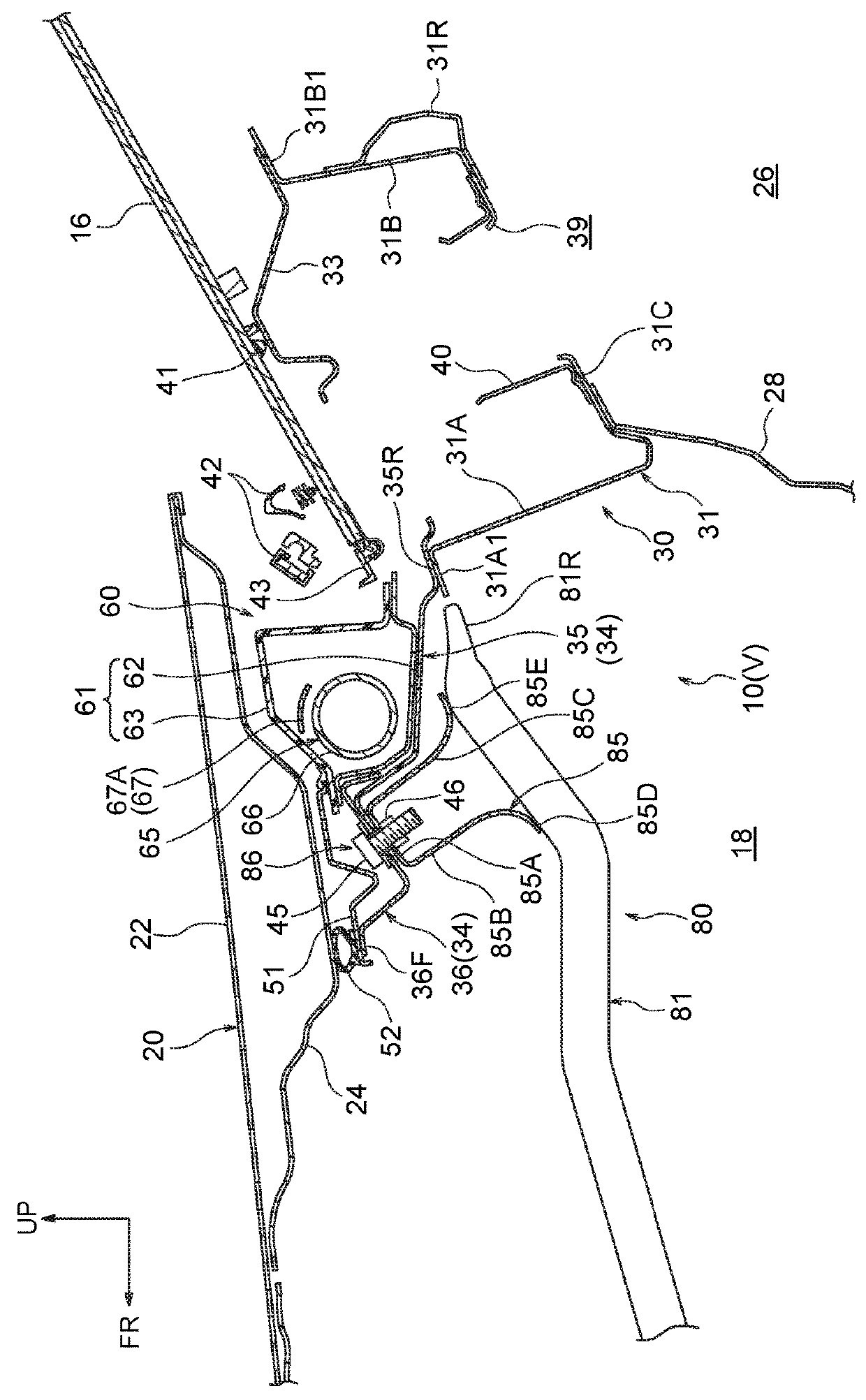 Vehicle front portion structure equipped with pedestrian airbag device