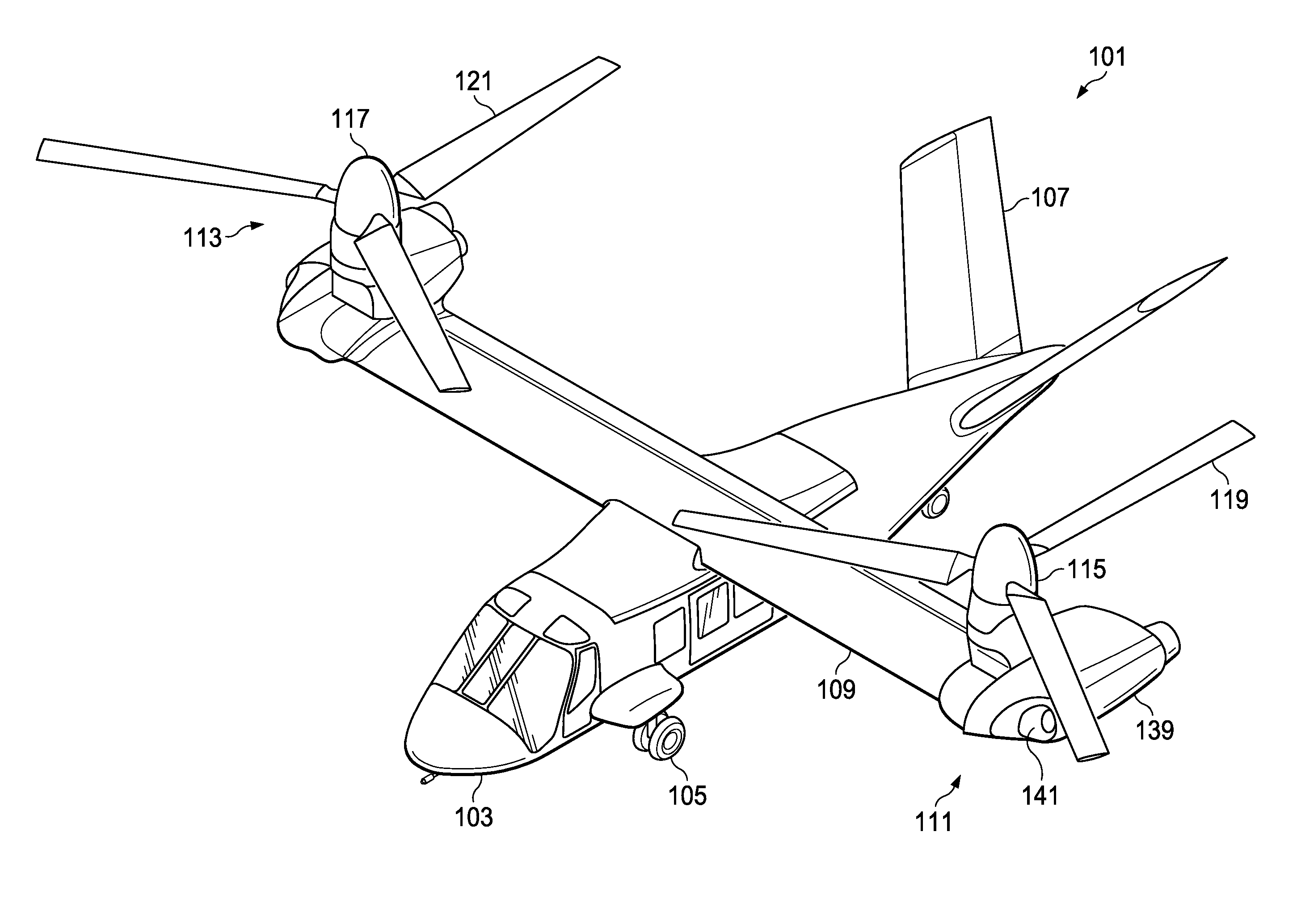 Fixed engine and rotating proprotor arrangement for a tiltrotor aircraft