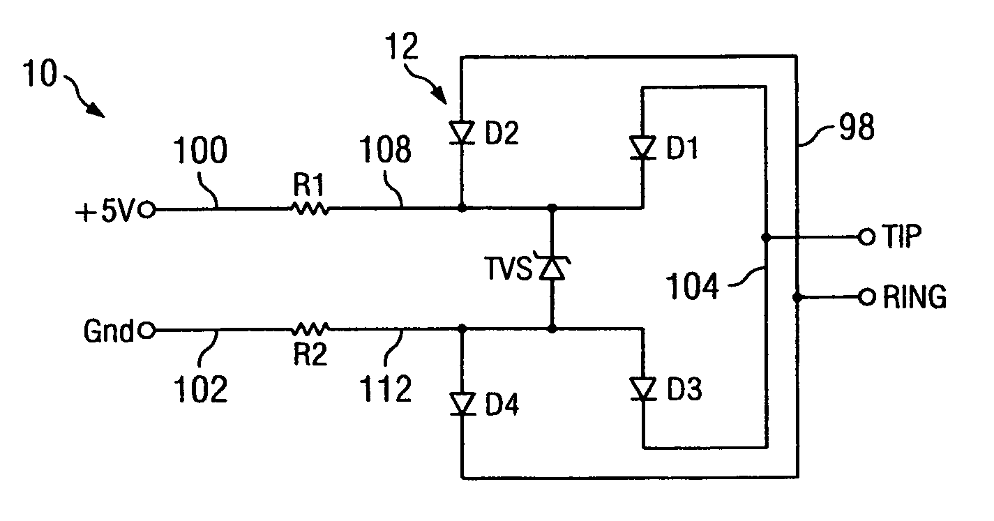 Integrated circuit providing overvoltage protection for low voltage lines