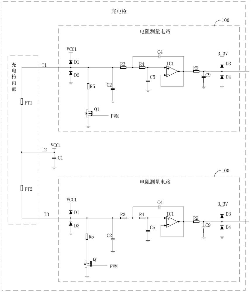 Resistance measurement circuit, temperature detection circuit and charging gun