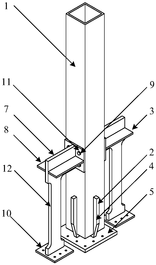 Crossed column base node with additional lateral-resistance shearing wall in shape of Greek alphabet 'gamma' and functions recoverable after earthquake