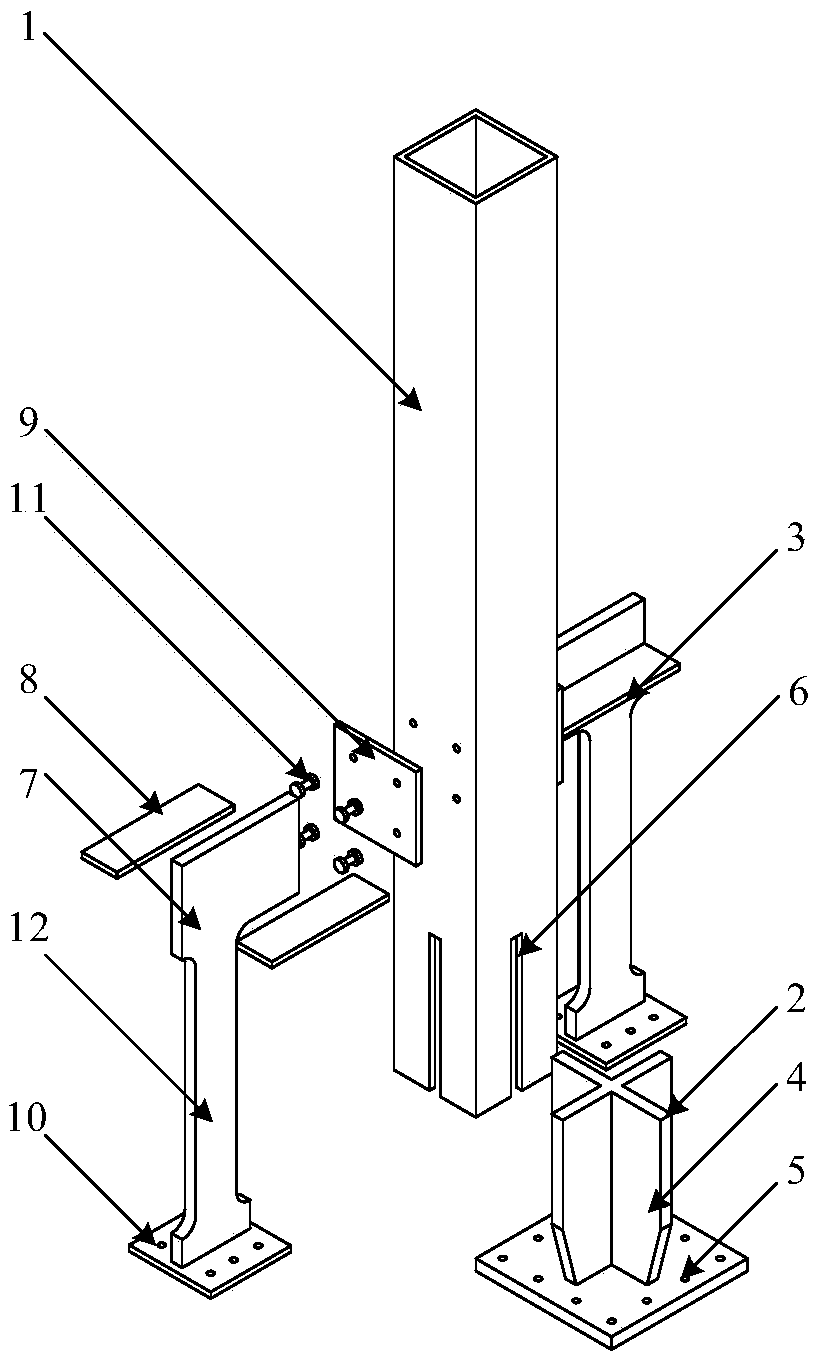 Crossed column base node with additional lateral-resistance shearing wall in shape of Greek alphabet 'gamma' and functions recoverable after earthquake