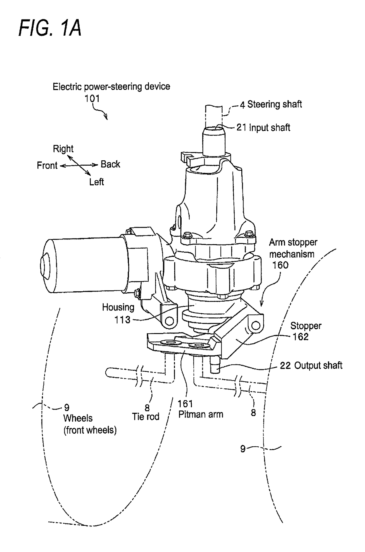 Arm stopper mechanism, and electric power-steering device using arm stopper mechanism