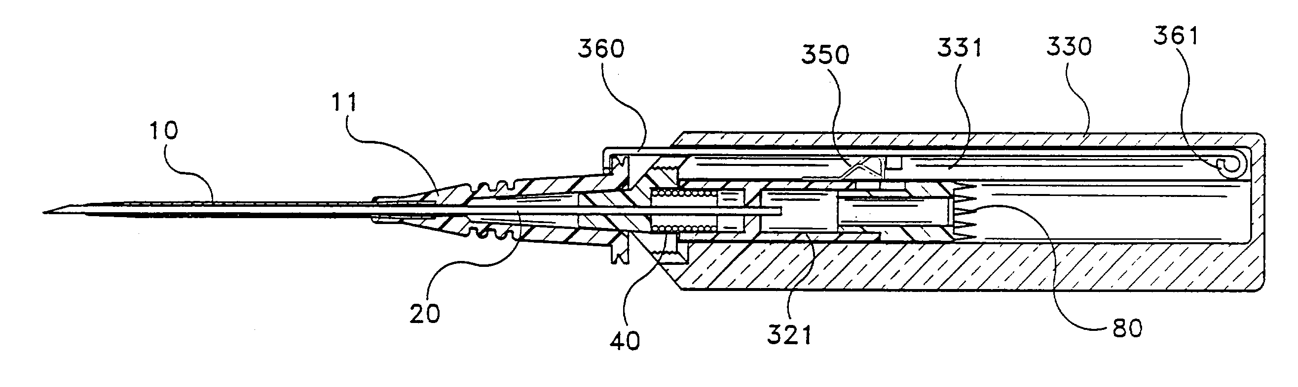 Catheter-advancement actuated needle retraction system