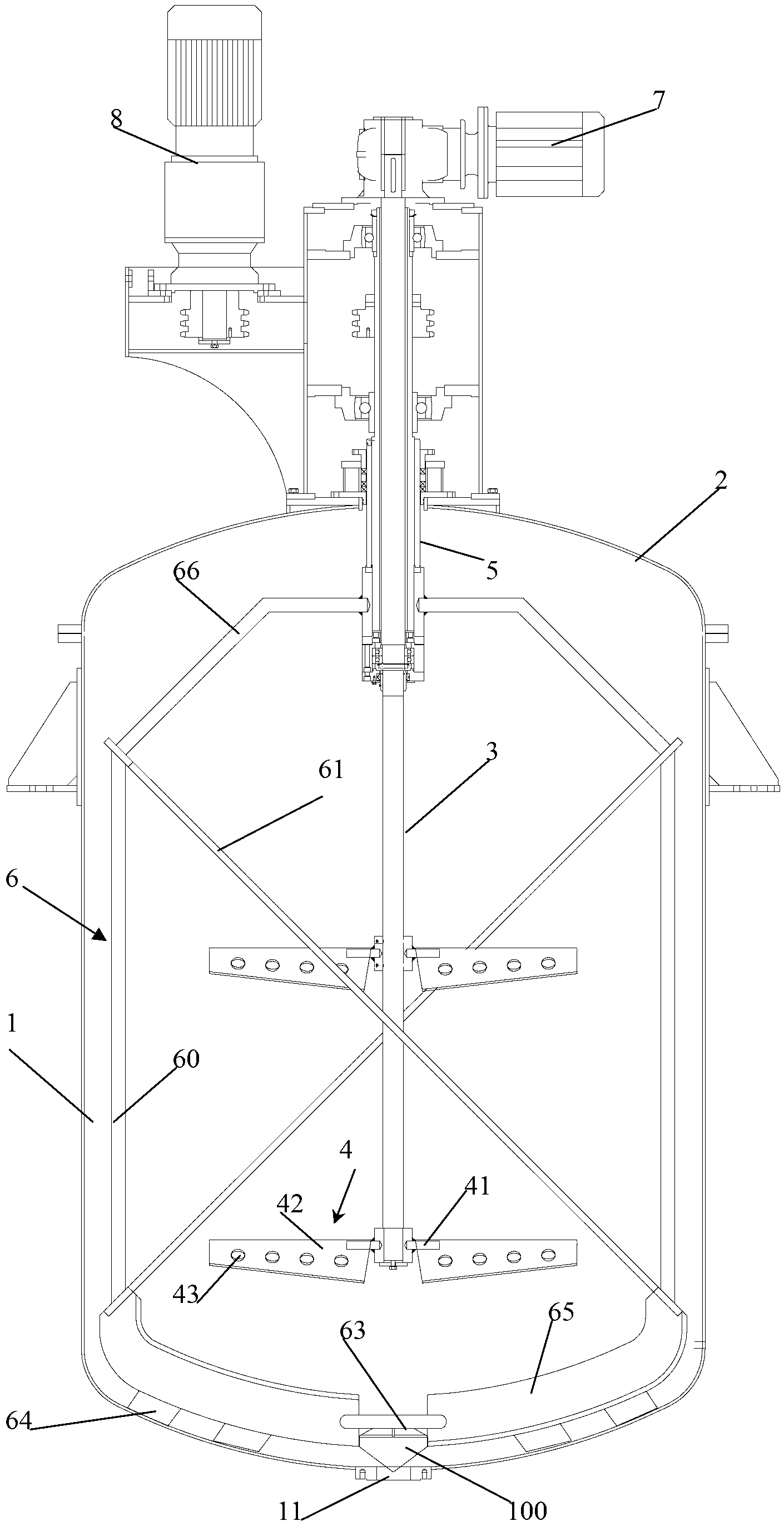 Double-stirring type stirring tank capable of smoothly discharging materials
