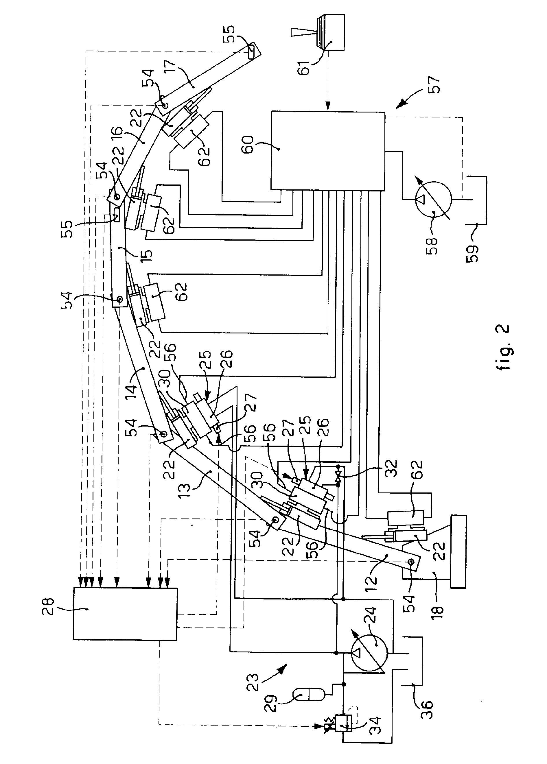 Device to actively control the vibrations of an articulated arm to pump concrete