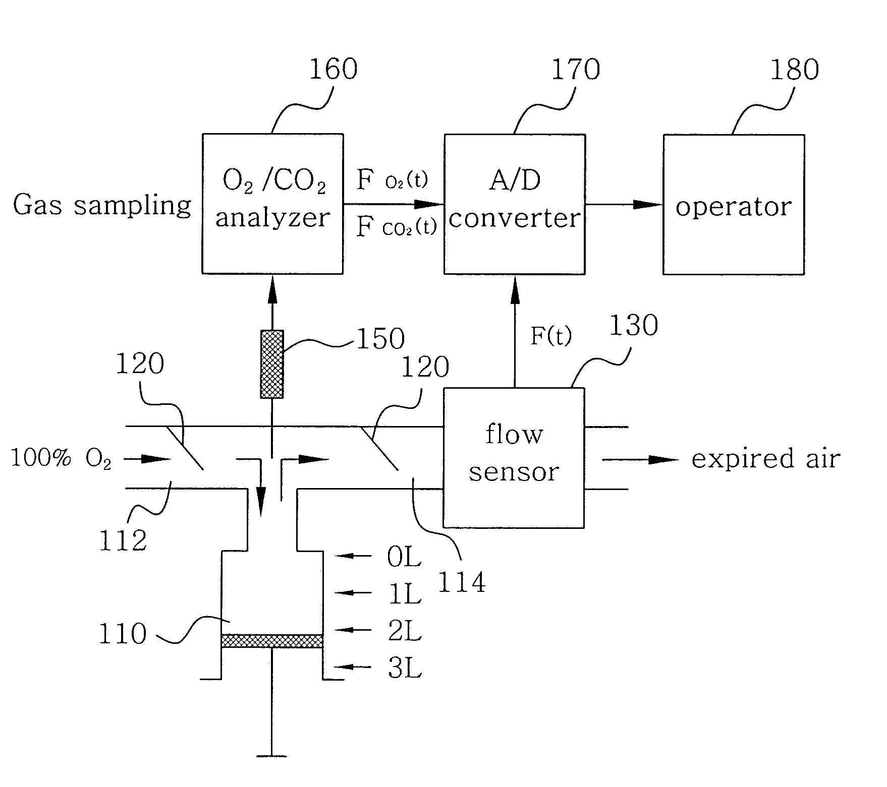 Method of measuring absolute lung volume based on O2/CO2 gas analysis