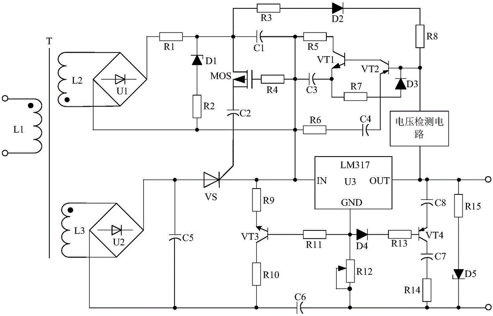 LED adjustable voltage-regulated driving power supply based on voltage detection circuit