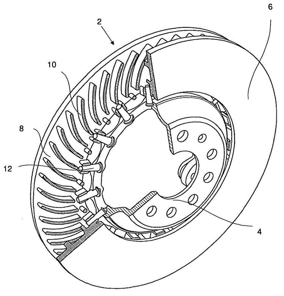 Connecting device between a friction ring and a hub of a brake disk