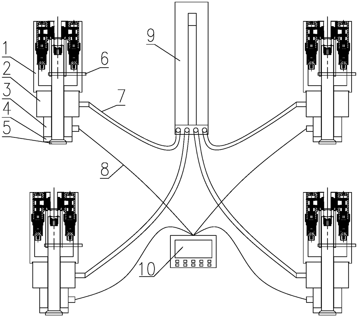 Four point synchronous hydraulic loading device for spacecraft docking