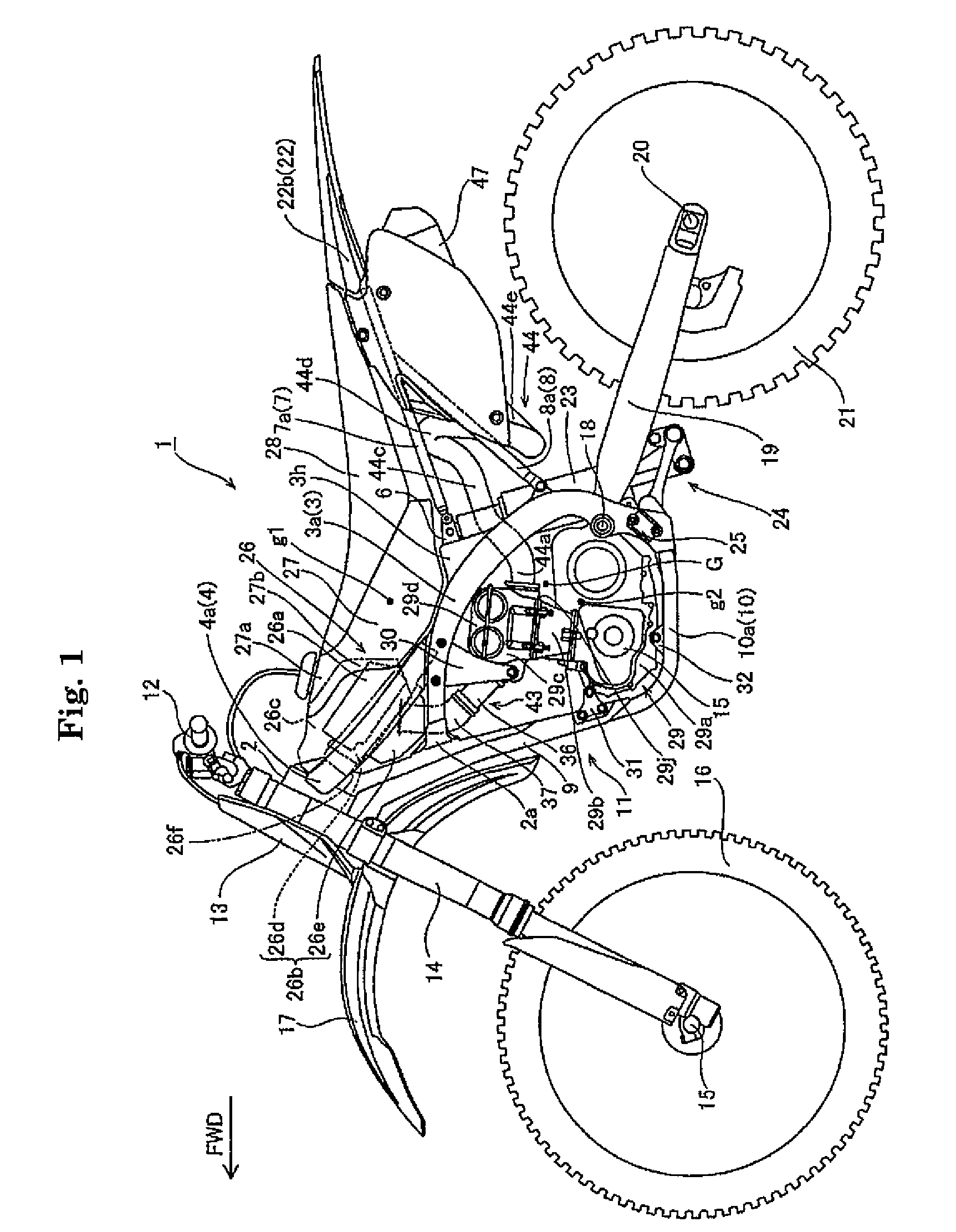 Relative configuration of an engine intake pipe for a motorcycle