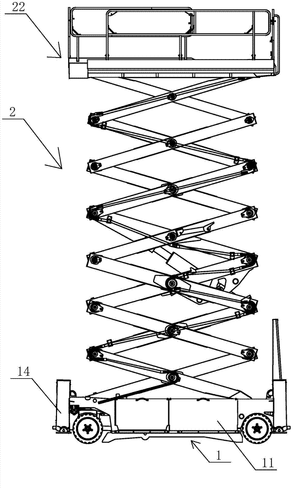 Shear-fork type lifting device for aerial work platform