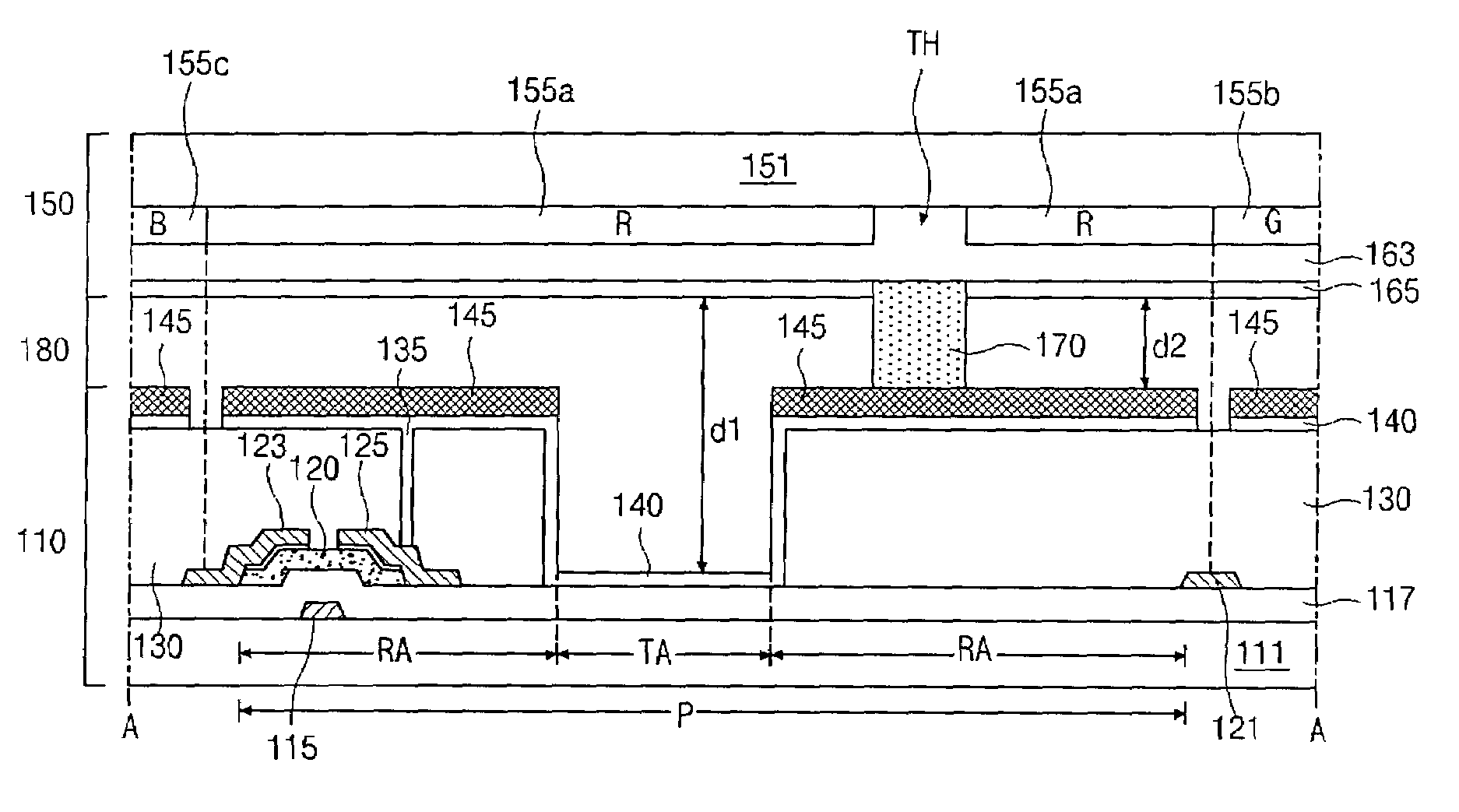 Transflective LCD device having color filters with through holes