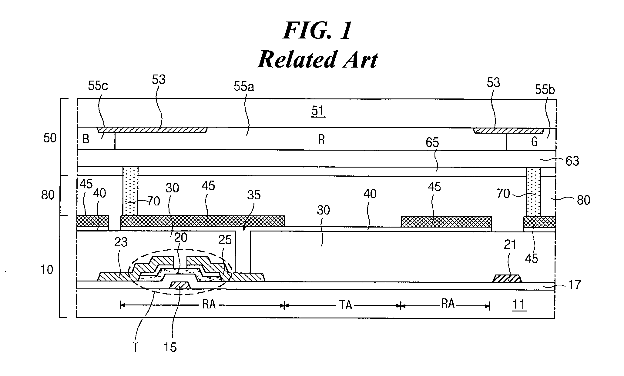 Transflective LCD device having color filters with through holes