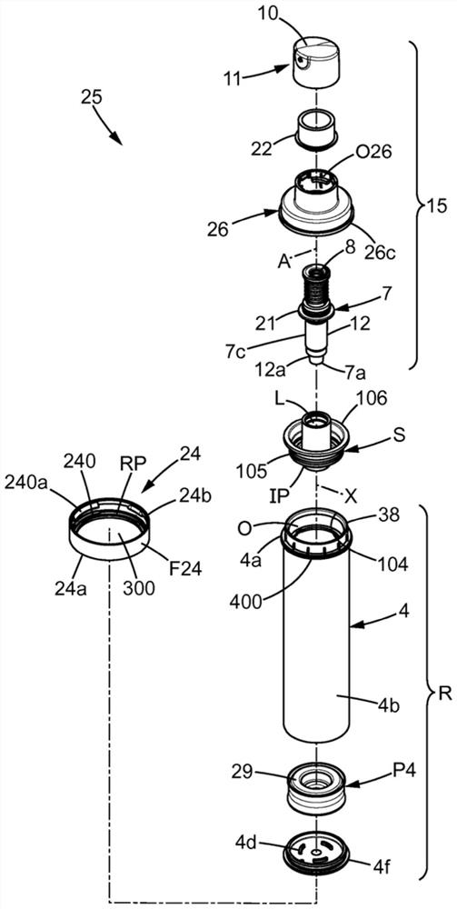 Device for packaging fluid product and dispensing product in doses, including reusable bottle